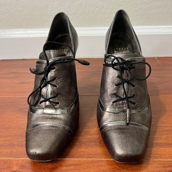 Stuart Weitzman Silver Grey Pewter Square Toe Lace Up Bootie Heels Womens 7 - Picture 2 of 10